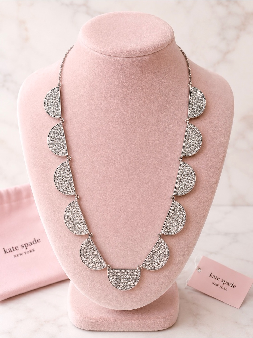 Kate Spade Mod Scallop Pavé Necklace NWT Silver Tone Crystal $168 Retail